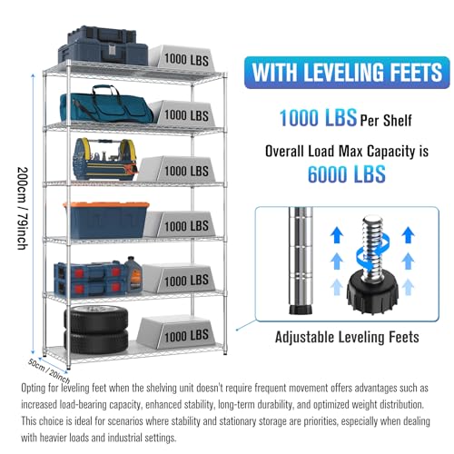 6 Tier NSF Wire Shelf Shelving Unit, 20 x 48 x 84.5 Inch 6000lbs Capacity Heavy Duty Adjustable Storage Metal Rack with Wheels/Leveling Feet&Shelf Liners, Ideal for Garage, Kitchen, and More - Chrome