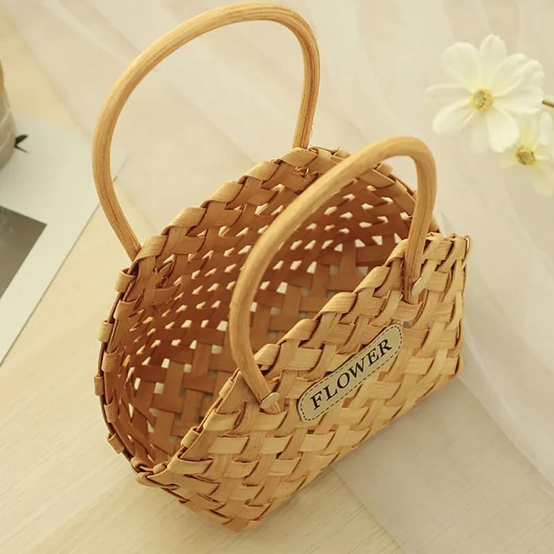 Wood Baskets Woven Hand-Held Wicker Cachepot For Flowers Pot Wicker Baskets Girl Storage Basket with Handle Wedding Home Decor