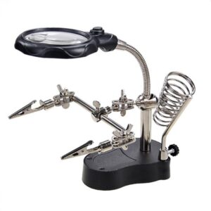 adjustable helping hands soldering station, 3.5x 12x magnifying glass led lighted magnifier with auxiliary clips alligator clamp repair tools kit for craft carving soldering, assembly (modern)