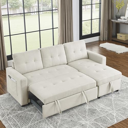 Reversible Sectional Sofa with Pull-Out Sleeper Bed, L-Shape 3-Seater Convertible Corner Sofa&Couches with Storage Chaise and Side Pockets ,Button Tufted Upholstery Couch for Living Room Furniture