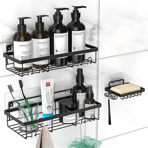 Shower Caddy, 3 Pack Adhesive Bathroom Shelf With Hook, No Drilling, Large Capacity, Rustproof Shower Caddy Shower Organizer Rack & Shower Soap Holder for Bathroom Home Kitchen, Black