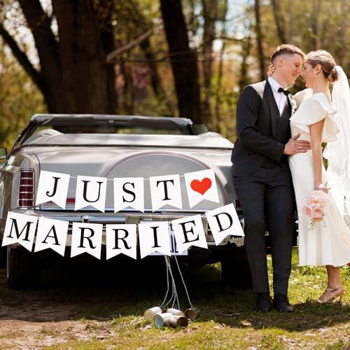 Bewudy Just Married Wedding Banner, Card Paper Wedding Hanging Flag Decoration, Romantic Wedding Party Supplies for Wedding Bridal Shower Anniversary Decoration