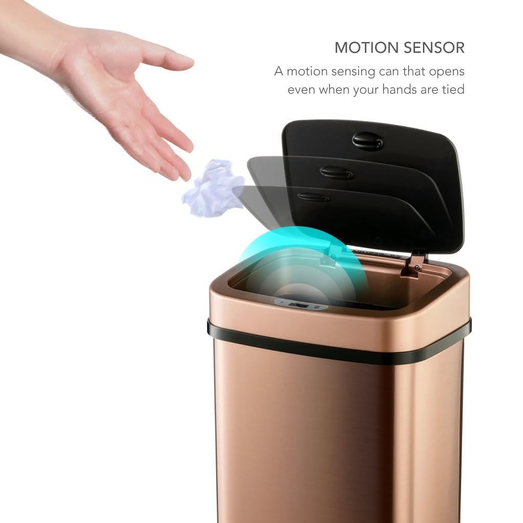 3.2 Gallon Gold Rectangular Motion Sensor Trash Can Rectangle Plastic Stainless Steel Fingerprint Proof Bag Fastener