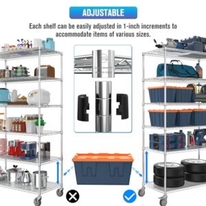 6 Tier NSF Wire Shelf Shelving Unit, 20 x 48 x 84.5 Inch 6000lbs Capacity Heavy Duty Adjustable Storage Metal Rack with Wheels/Leveling Feet&Shelf Liners, Ideal for Garage, Kitchen, and More - Chrome