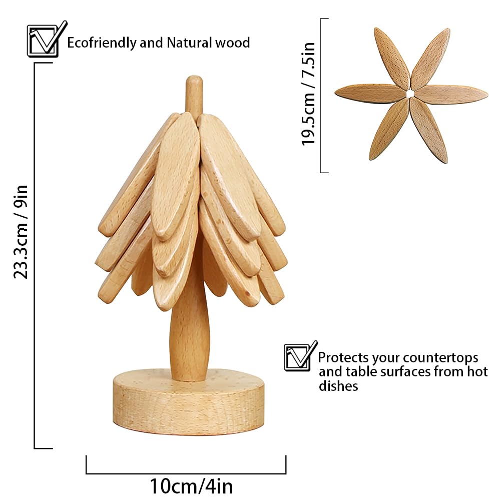 Mamakura Wooden Tree Trivet Set, Christmas Trivet,Tree Shape trivets for hot pots and Pans 7.7inch(3 Layers+1 Stand(Wood Color)