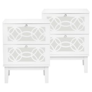 vingli white nightstand set of 2, nightstands with mirror front drawers, bed side table/night stand, modern nightstand, mirrored nightstand with drawer for bedroom, kids’ room, living room, wood