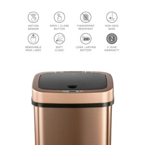 3.2 Gallon Gold Rectangular Motion Sensor Trash Can Rectangle Plastic Stainless Steel Fingerprint Proof Bag Fastener