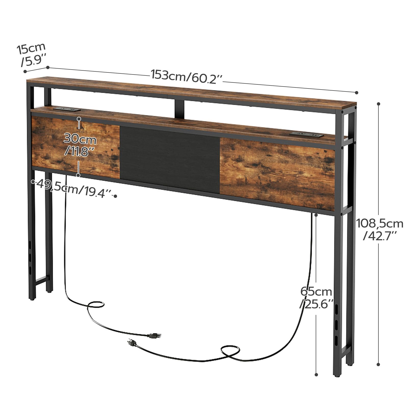 HOOBRO Queen Size Headboard, LED Headboard with 2 Storage Shelves, Storage Rack with 2 Outlets and 4 USB Ports, Adjustable Height, Sturdy and Stable, Easy Assembly, Rustic Brown and Black