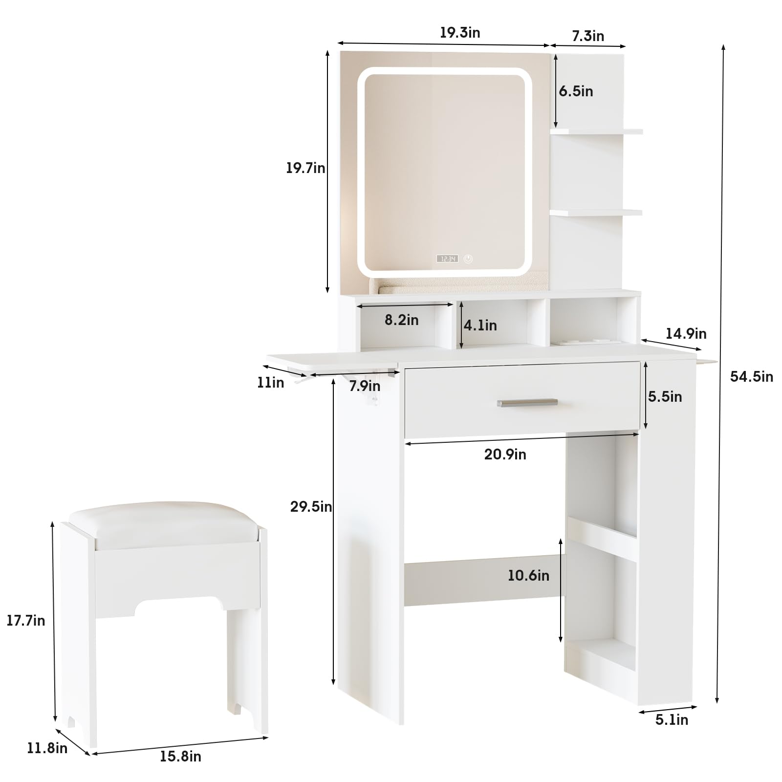 Fameill Vanity Desk with Mirror and Lights, Small Makeup Vanity with Drawer & Lots Storage Shelves, White Vanity Table with Charging Station & Time Display, Vanity Set with Chair, for Bedroom