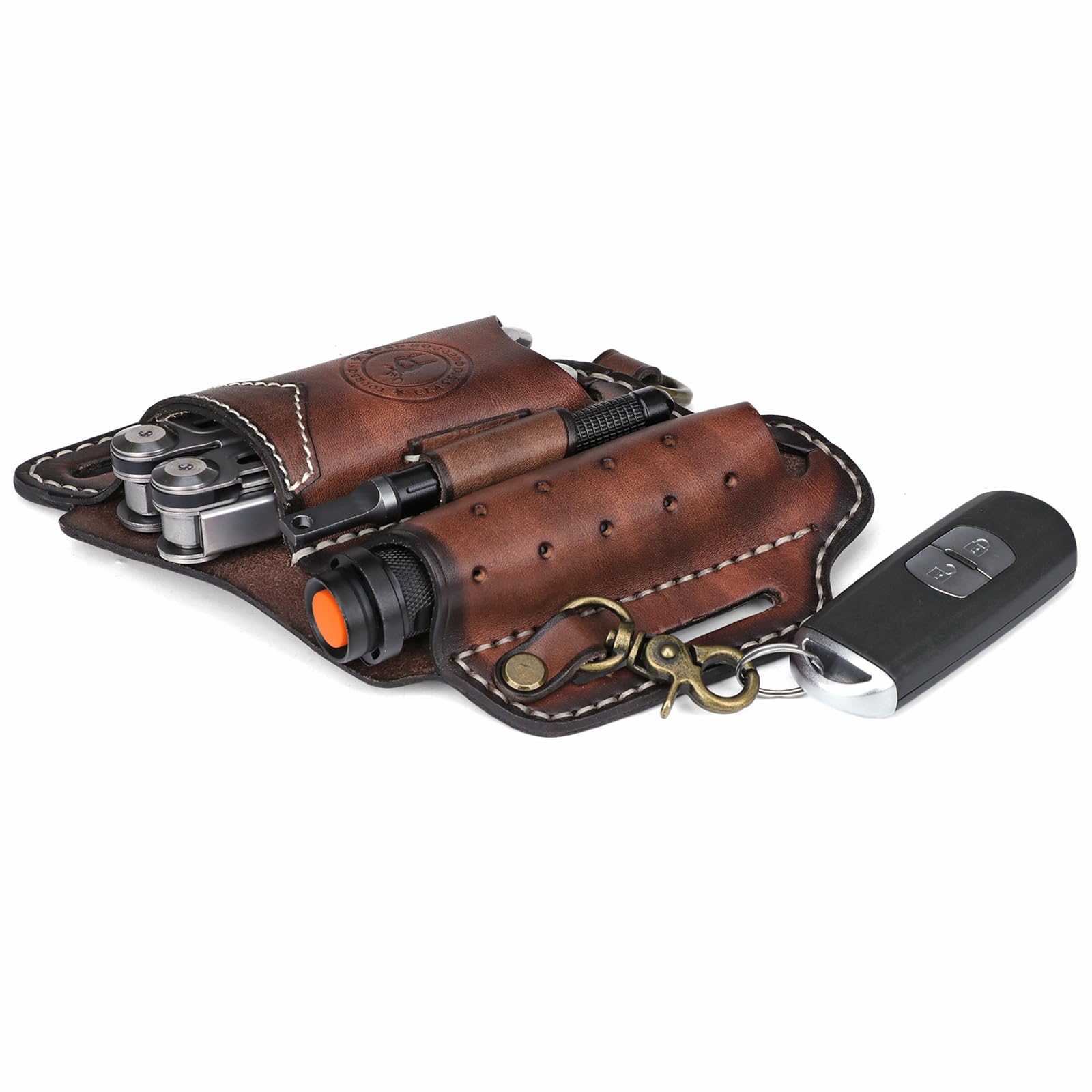 Tourbon Leather Multitool Sheath for Belt Compact EDC Pouch Pocket Organizer for Men with Flashlight Holster Pen Holder & Keychain Clip