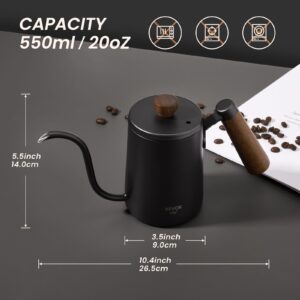 VEVOK CHEF Mini Gooseneck Kettle with Wooden Handle, 20 Ounce 550ml for 2 Cups, Stainless Steel Narrow Long Spout, Small Tea Water Coffee Kettle for Pour Over, Drip Coffee Maker, Teapot