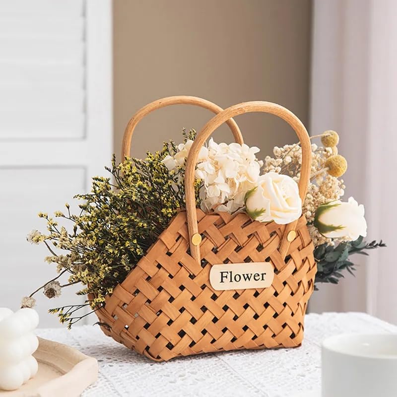 Wood Baskets Woven Hand-Held Wicker Cachepot For Flowers Pot Wicker Baskets Girl Storage Basket with Handle Wedding Home Decor