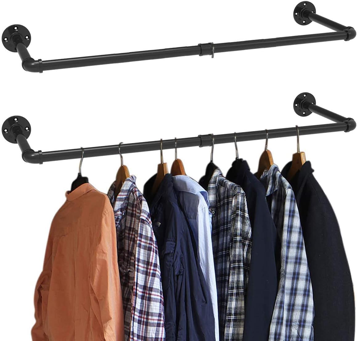 MY RUSTIC Industrial Pipe Clothing Rack, Rustic Pipe Hanging Rod for Closet Storage, Wall Mounted Multi Purpose Hanging Rod (Black, 38 Inch 2P)