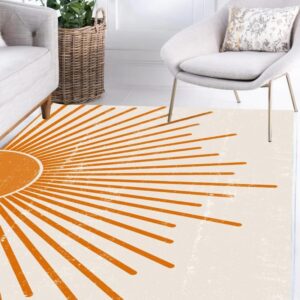 Boho Chic Sun Pattern Washable Faux Wool Area Rug 8x10 Beige Sunset Red Minimalist Modern Rug for Livingroom Bedroom Dining Office Indoor Kitchen Bath Floor Carpet