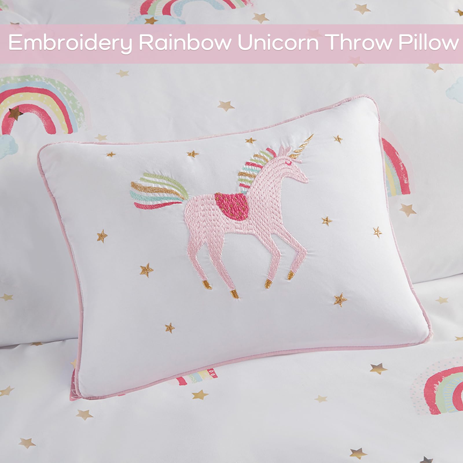 Mi Zone Kids Twin Bed in A Bag for Girls, Unicorn Comforter Set Twin & Sheet, All Season Bedding, Fun & Whimsical Metallic Rainbow Comforter Set Twin, Sham, Throw Pillow, Alicia, Twin, White 6 Piece