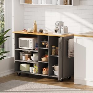 sunlei kitchen island on wheels with storage cabinet & drawer, 47.2" large kitchen cabinet with open shelves, cart handle for towel rack or free mobility, portable islands for kitchen(grey)