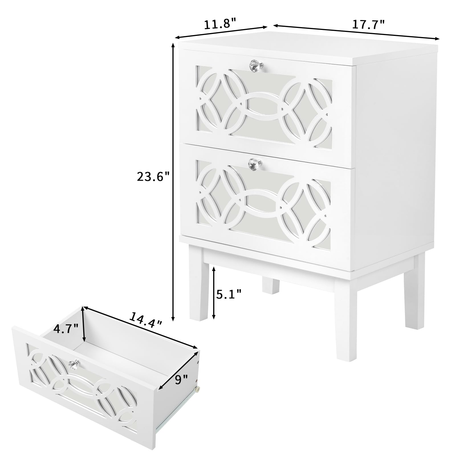 VINGLI White Nightstand Set of 2, Nightstands with Mirror Front Drawers, Bed Side Table/Night Stand, Modern Nightstand, Mirrored Nightstand with Drawer for Bedroom, Kids’ Room, Living Room, Wood