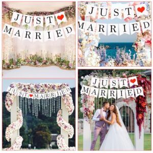 Bewudy Just Married Wedding Banner, Card Paper Wedding Hanging Flag Decoration, Romantic Wedding Party Supplies for Wedding Bridal Shower Anniversary Decoration