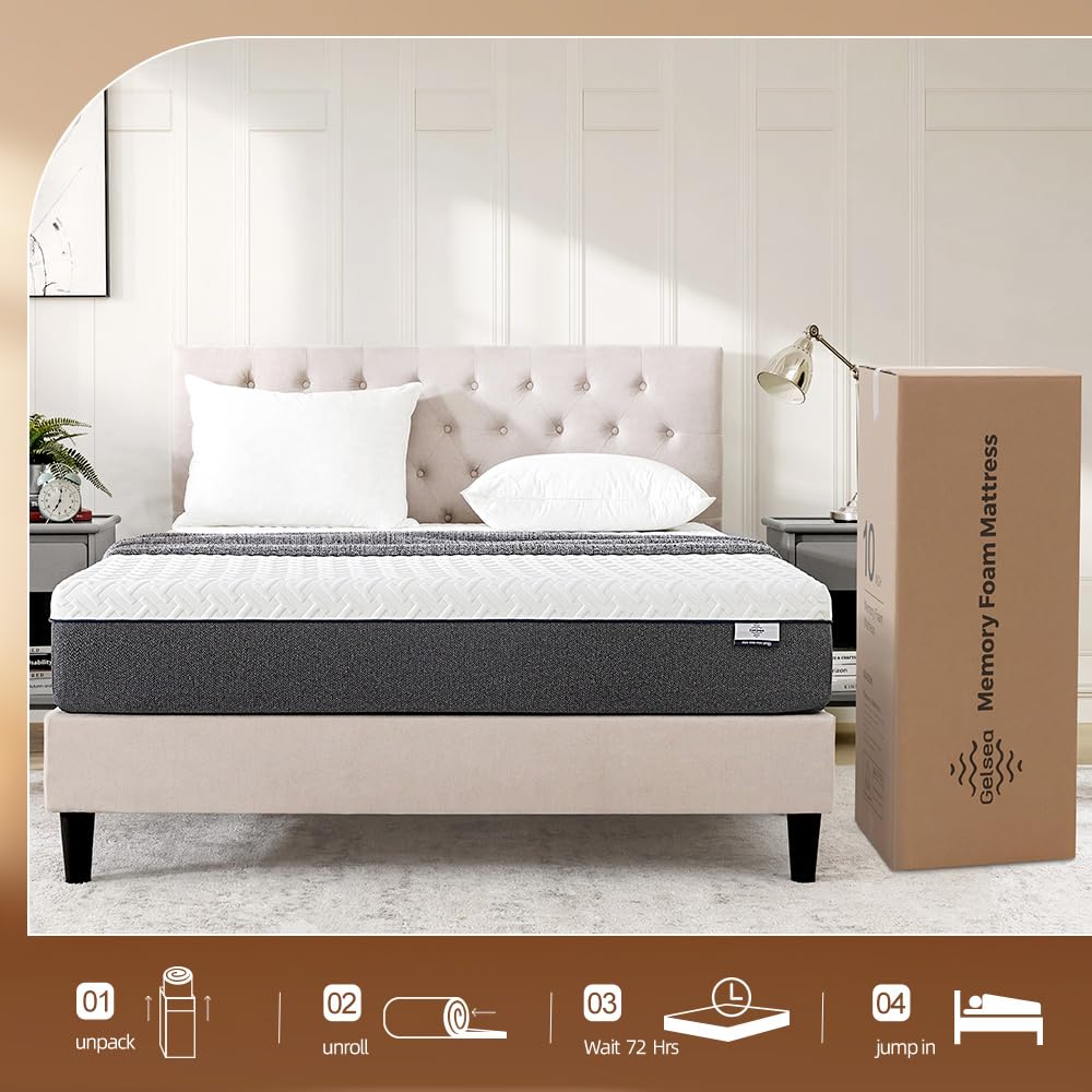 Gelsea Queen Mattress,10 Inch Memory Foam Mattress in a Box,Green Tea Infused,Hypoallergenic Bamboo Charcoal,Made in USA,Queen Size Bed,60" X 80" X 10