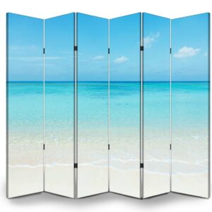 Wood Screen Room Divider Clean White Beach Folding Screen Canvas Privacy Partition Panels Dual-Sided Wall Divider Indoor Display Shelves 6 Panels