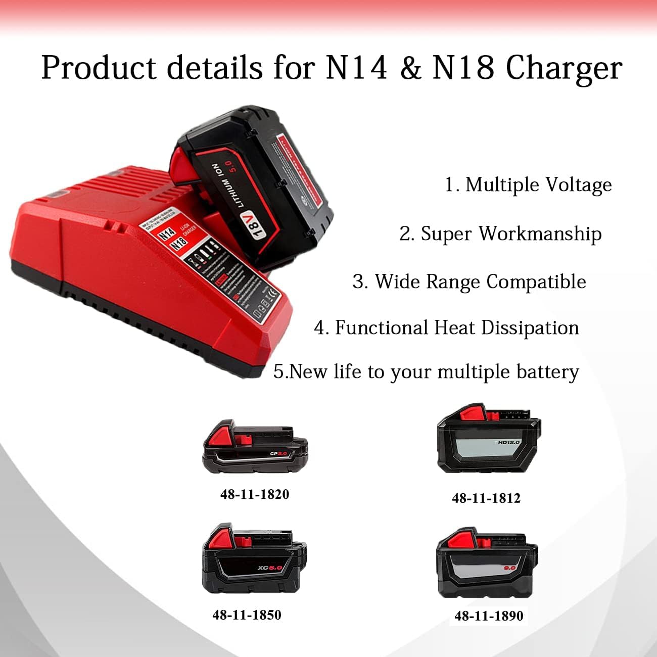 OYRMIL 18V Battery and Charger for Milwaukee M18 Battery with Milwaukee Battery Charger, Capacity Output 5.0Ah