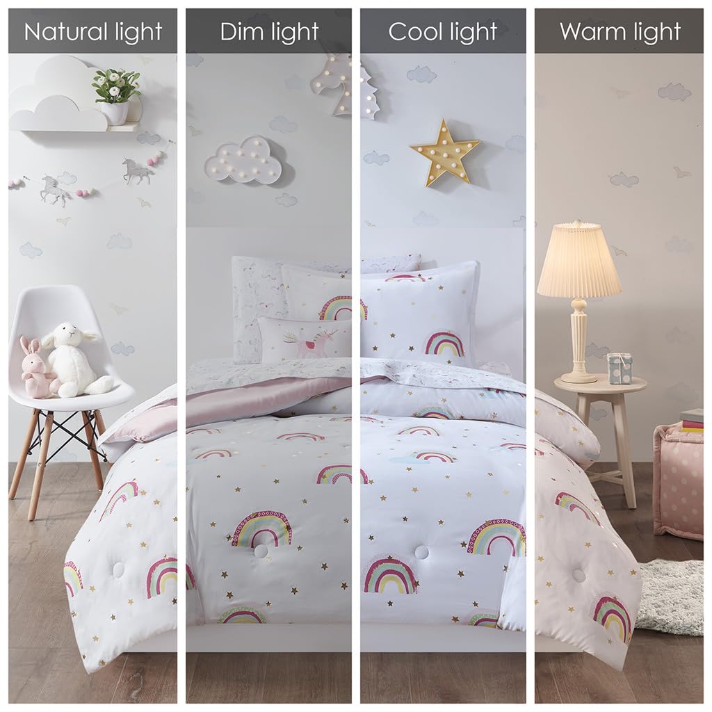 Mi Zone Kids Twin Bed in A Bag for Girls, Unicorn Comforter Set Twin & Sheet, All Season Bedding, Fun & Whimsical Metallic Rainbow Comforter Set Twin, Sham, Throw Pillow, Alicia, Twin, White 6 Piece