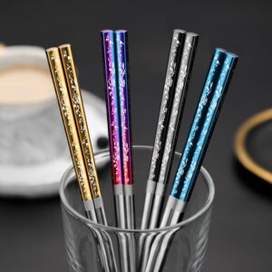 Metal Chopsticks With Case Stainless Steel Chopsticks Titanium Plated Reusable Chopstick lightweight Engraved Non-slip 18/10 Korean Japanese Chinese Chopstick,Dishwasher Safe 5 Pairs Set(BJ-Multi05)