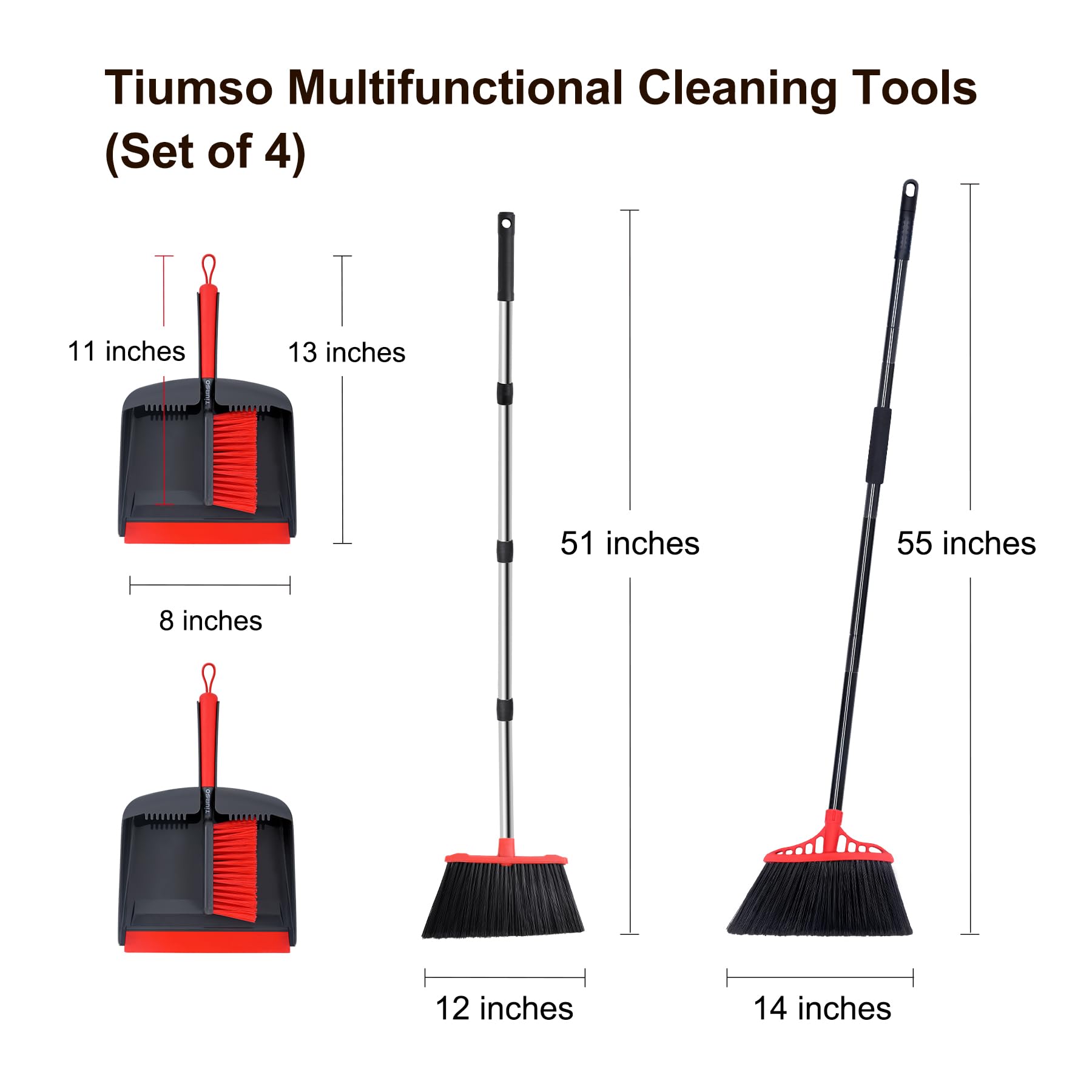 Tiumso Dustpan and Brush Set, 55'' Heavy Duty Broom Outdoor Commercial Broom and Large Indoor Broom for Home Hall Lobby Office Garage Patio and Car Truck