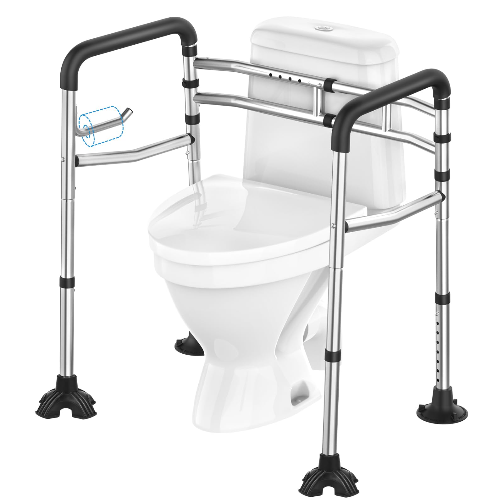 UGarden FSA/HSA Eligible Toilet Safety Rail, 380LB Stainless Steel Toilet Frame with Padded Handles&Paper Holder, Adjustable Detachable Handicap Toilet Rails, Foldable Toilet Support Frame for Elderly