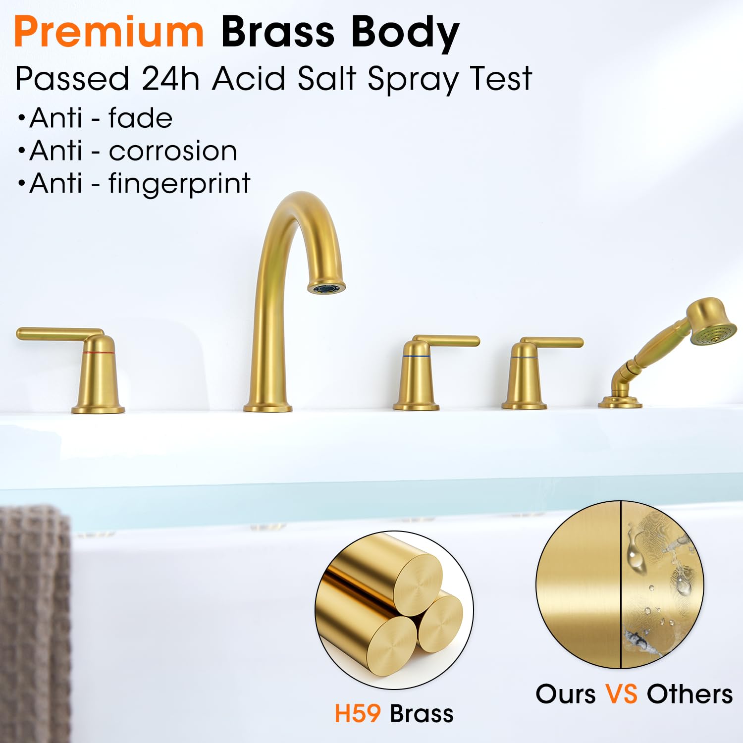 Wintap Roman Tub Faucet with Sprayer, 5 Hole Widespread Deck Mount Bathtub Faucet with Valve Classic High Arch Gooseneck Bath Tub Faucet Set with Diverter High Flow Tub Filler Brushed Gold WT-9809BG