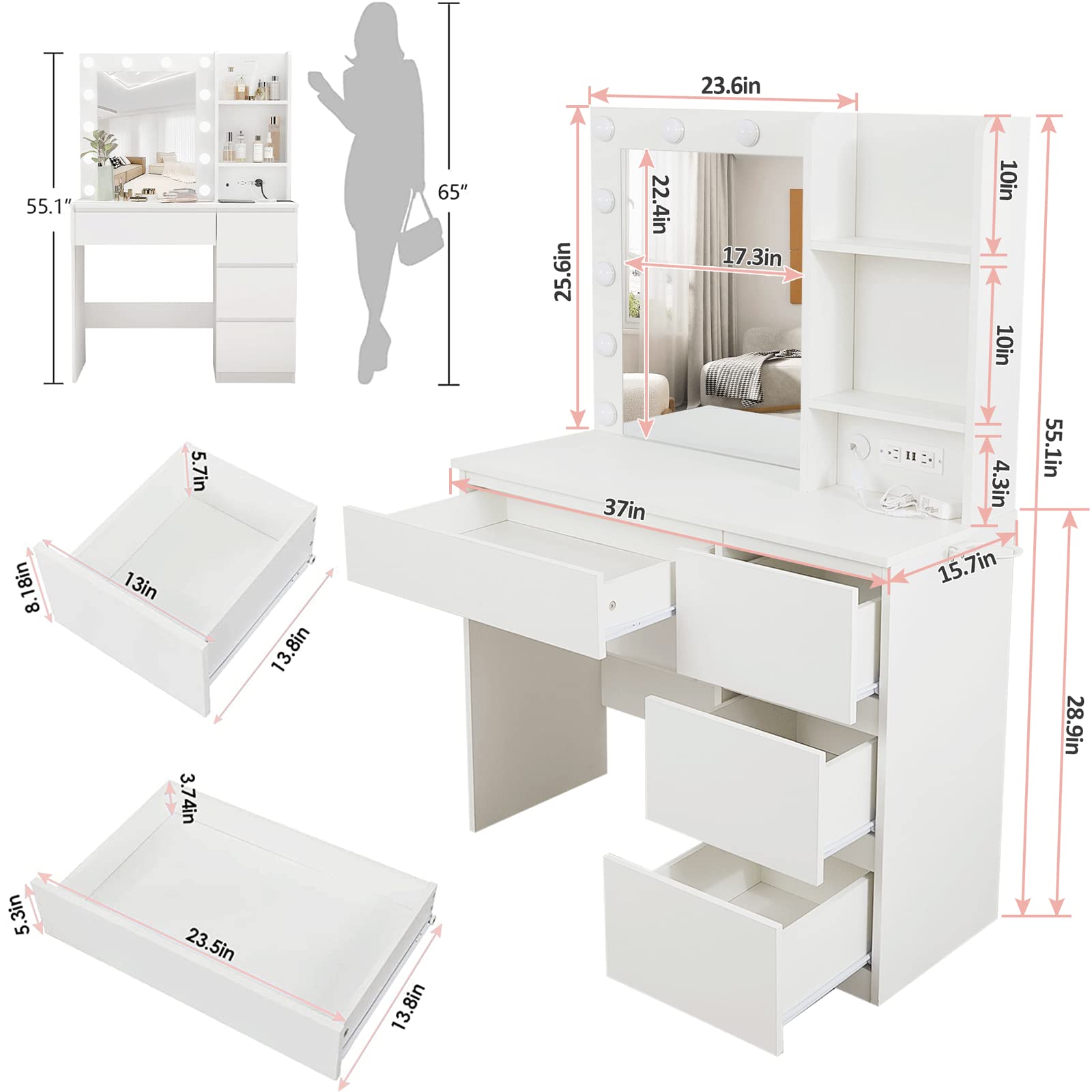 Fameill Makeup Vanity with Lights, 4 Drawers Makeup Table with Lighted Mirror, 37inch Vanity Desk with Power Strip, 3 Lighting Modes, White