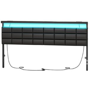 HOOBRO King Size Upholstered Headboard, Storage Rack with Charging Stations and LED Lights, PU Upholstery, Headboard with Open Storage Shelf, Adjustable Height, Sturdy and Stable, Black