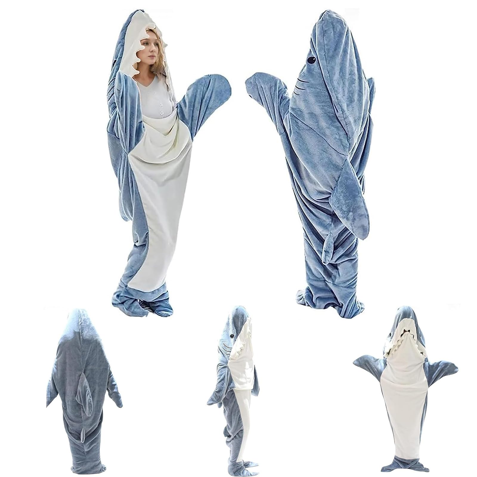 Shark Blanket Wearable Flannel Blanket Cozy Blanket Hoodie Shark Sleeping Bag Cartoon Animals One-Piece Blanket for Adults & Kids Blue XL(61-66in)