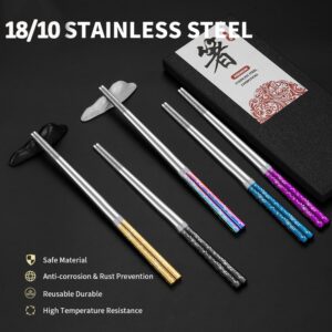 Metal Chopsticks With Case Stainless Steel Chopsticks Titanium Plated Reusable Chopstick lightweight Engraved Non-slip 18/10 Korean Japanese Chinese Chopstick,Dishwasher Safe 5 Pairs Set(BJ-Multi05)