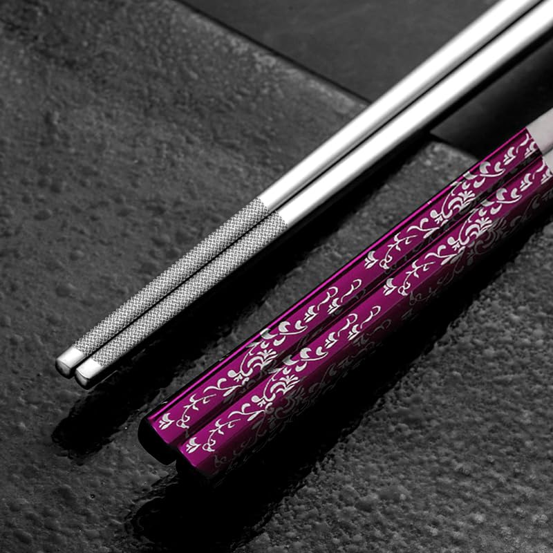 Metal Chopsticks With Case Stainless Steel Chopsticks Titanium Plated Reusable Chopstick lightweight Engraved Non-slip 18/10 Korean Japanese Chinese Chopstick,Dishwasher Safe 5 Pairs Set(BJ-Multi05)