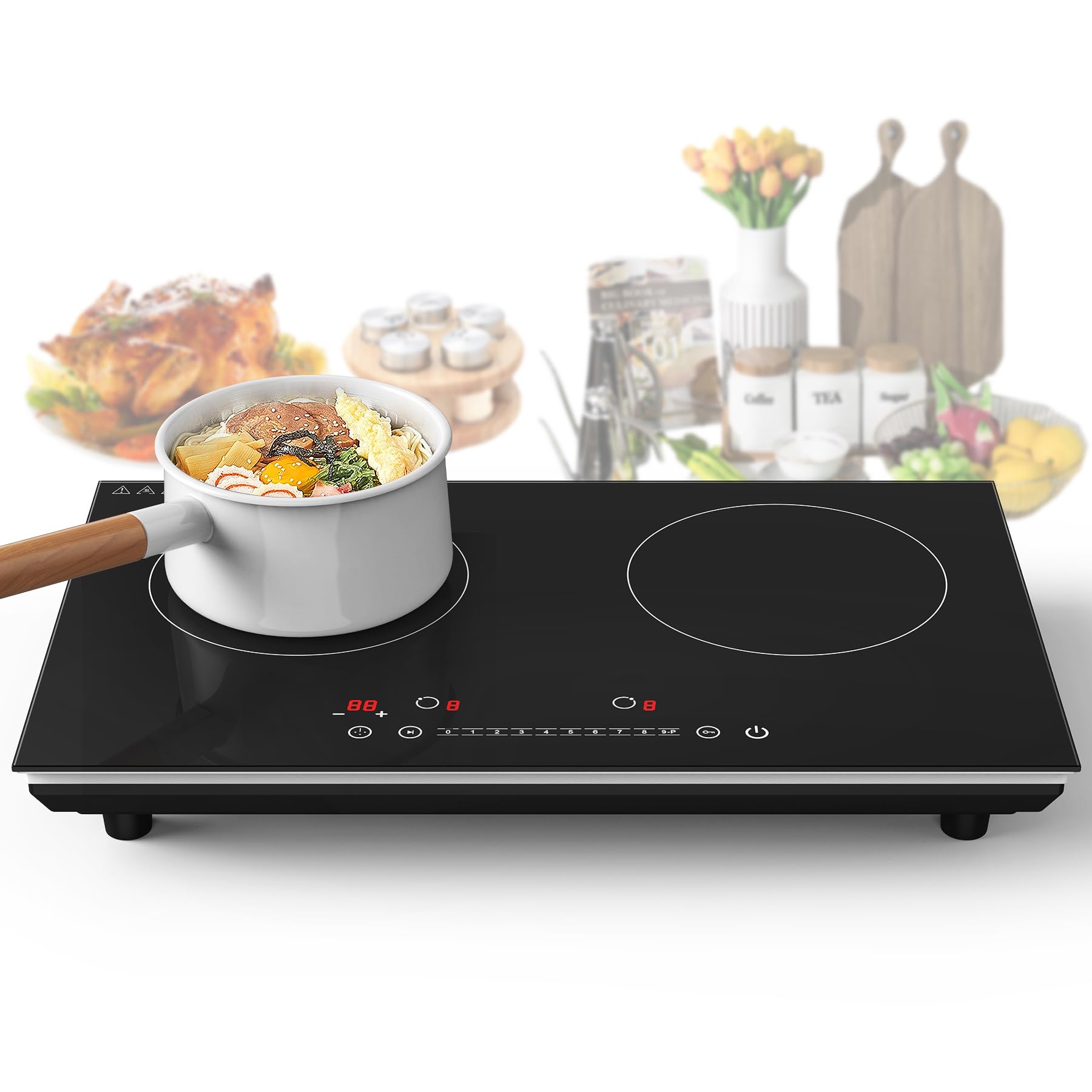 VBGK Double Induction Cooktop, 24 inch 4000W Induction stove top with hot plate,Electric cooktop with LCD Touch Screen 9 Levels Settings with Child Safety Lock & Timer 110V Induction cooktop 2 burner