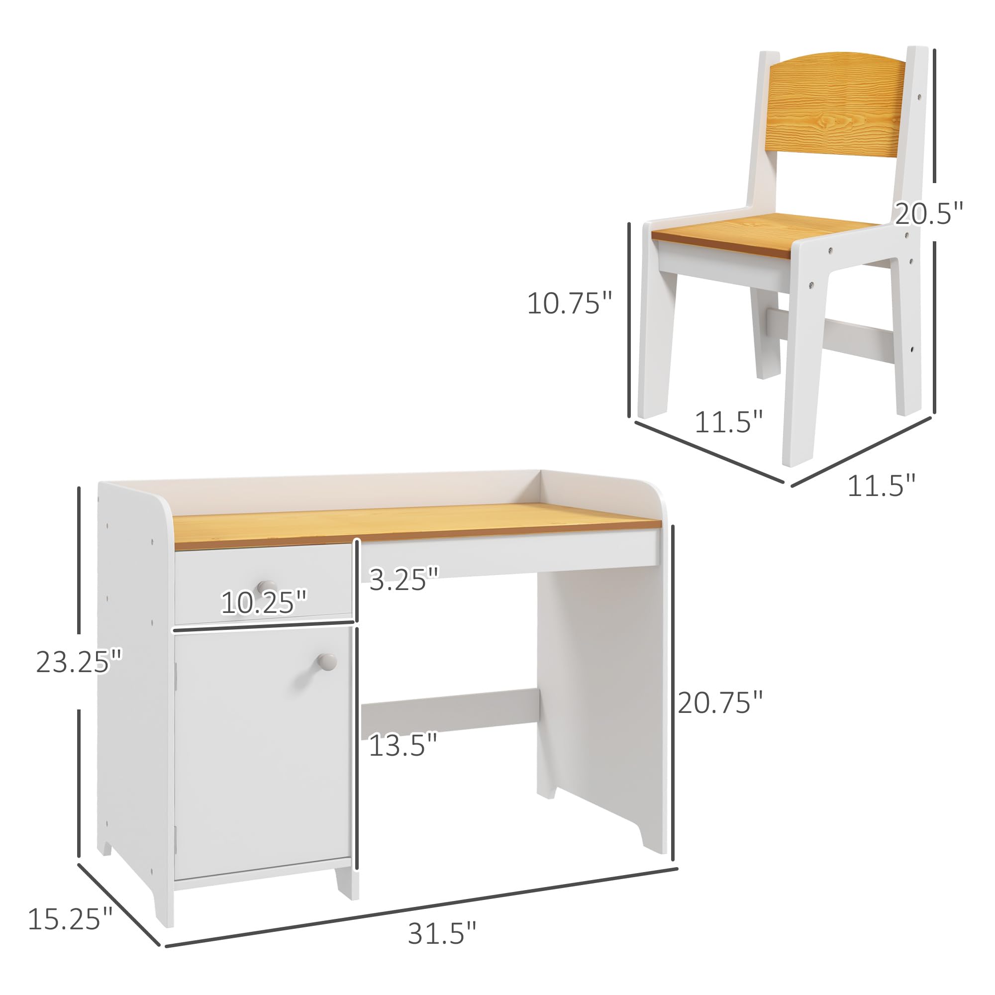 Qaba Kids Desk and Chair Set with Storage Drawer, Study Desk with Chair for Children for Arts & Crafts, Snack Time, Homeschooling, Homework, White