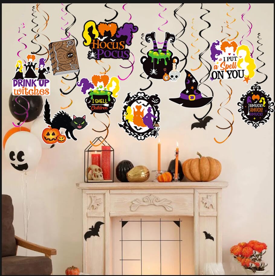 30pcs Hocus Pocus Decorations Halloween Hanging Swirl Decorations Hocus Pocus Birthday Decorations Hocus Pocus Party Supplies for Gender Reveal Trunk or Treat Witch Hocus Pocus Baby Shower Decorations