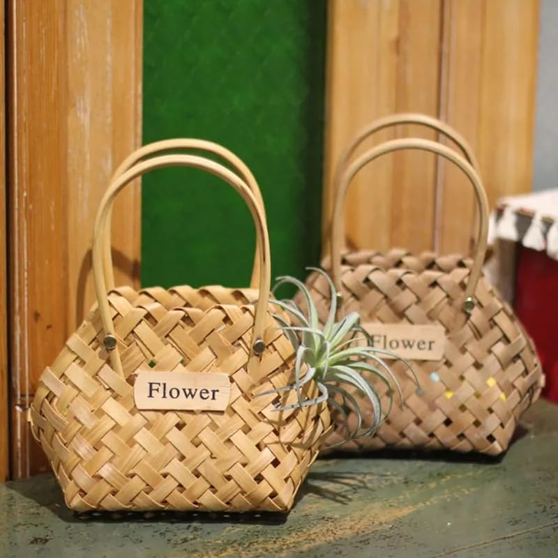 Wood Baskets Woven Hand-Held Wicker Cachepot For Flowers Pot Wicker Baskets Girl Storage Basket with Handle Wedding Home Decor