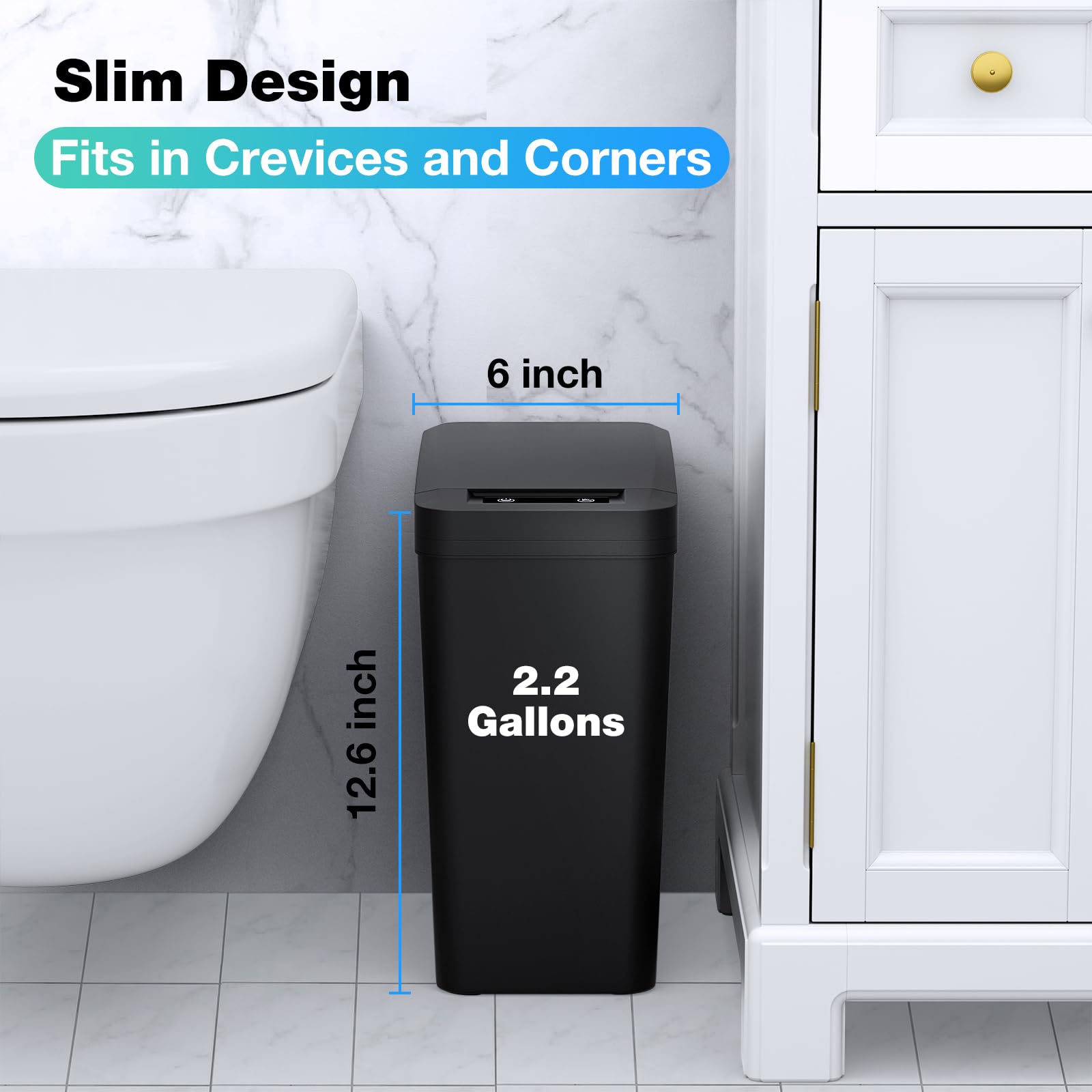 OKSOTY Bathroom Trash Can with Lid, 2.2 Gallon Automatic Touchless Garbage Can, Smart Motion Sensor Small Trash Can, Slim Plastic Trash Bin for Bedroom, Office, Living Room, Kitchen(Black)