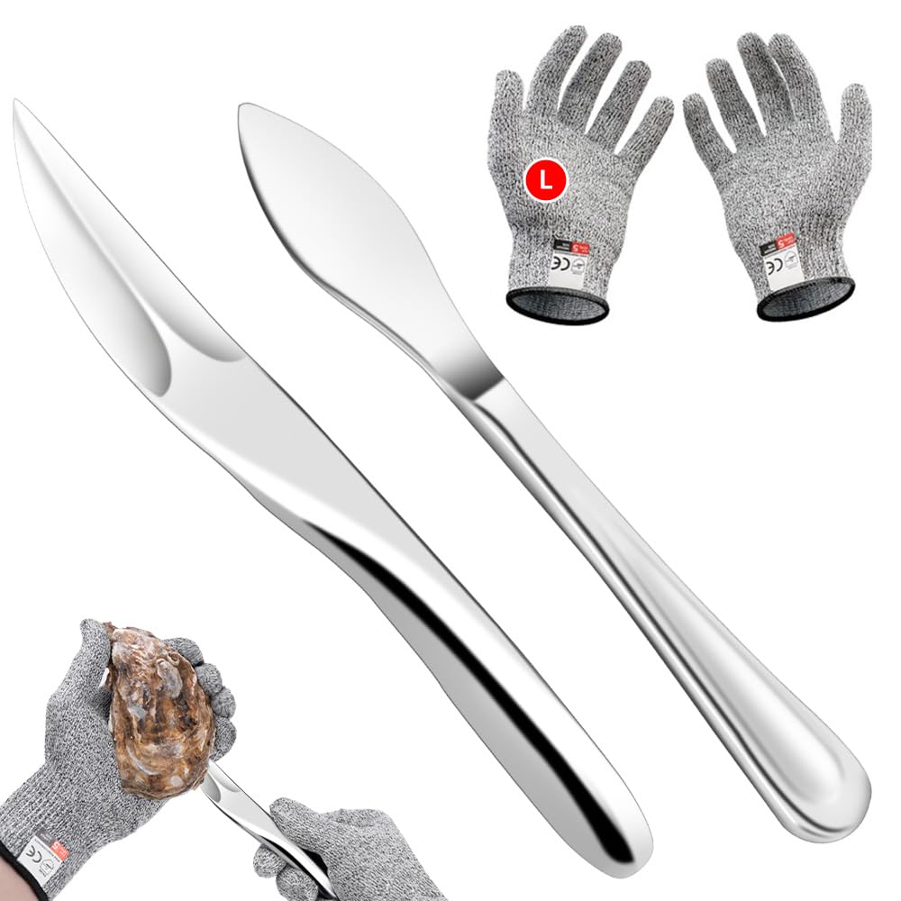 ADORAMBLING 2PCS Oyster Shucking Knife+2PCS A5 Cut-Resistant Gloves,Stainless Steel Oyster Knife,Heavy Duty Oyster Shucker Tool,Oyster Opener Tool with Ergonomico Handle,Oyster Shucking Kit with Box