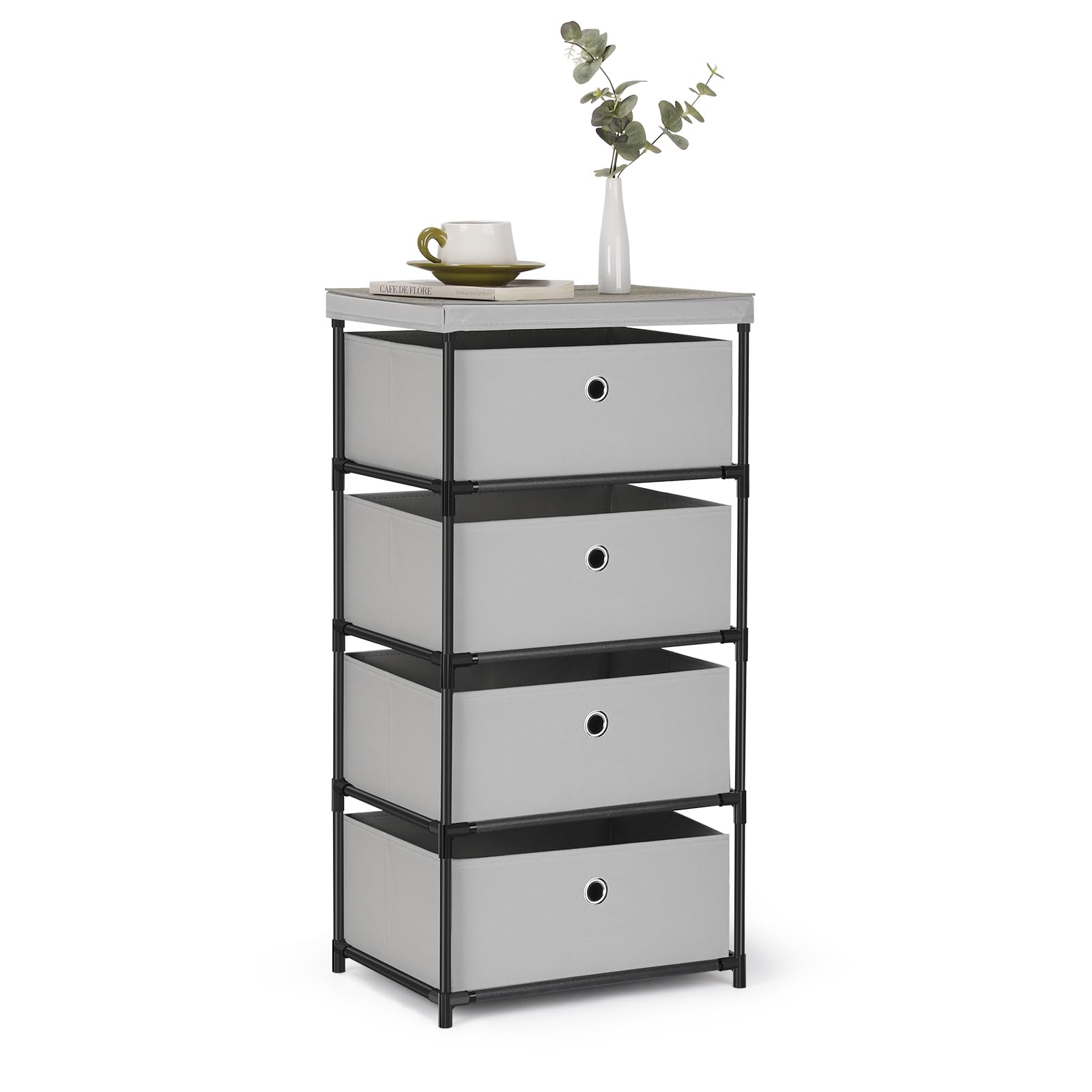 MOOACE Fabric Storage Dresser with Drawers, 4 Drawers Clothes Organizer and Storage Tower for Bedroom, Small Fabric Storage and Chest of Drawers, Light Gray