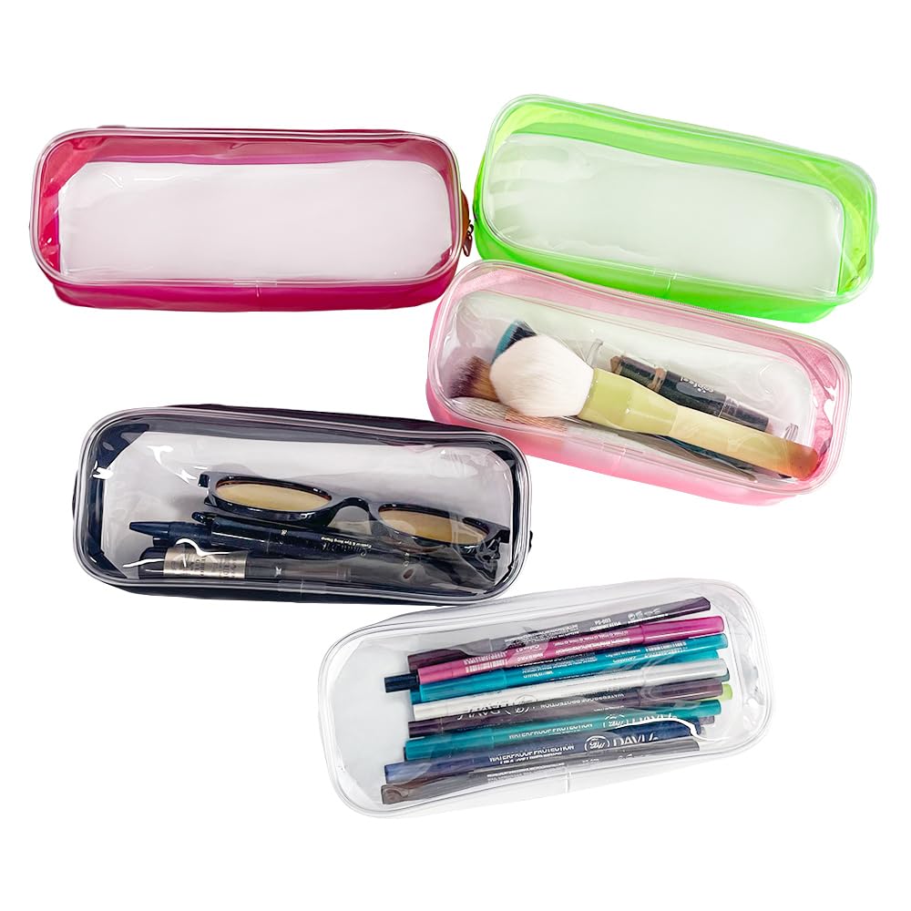 TotePrint 5 PCS Clear PVC Zipper Pen Case Multi Purpose Bag,Big Capacity Makeup Pouch Pencil Bag Pen Bag for Travel (5PCS Classic Group)