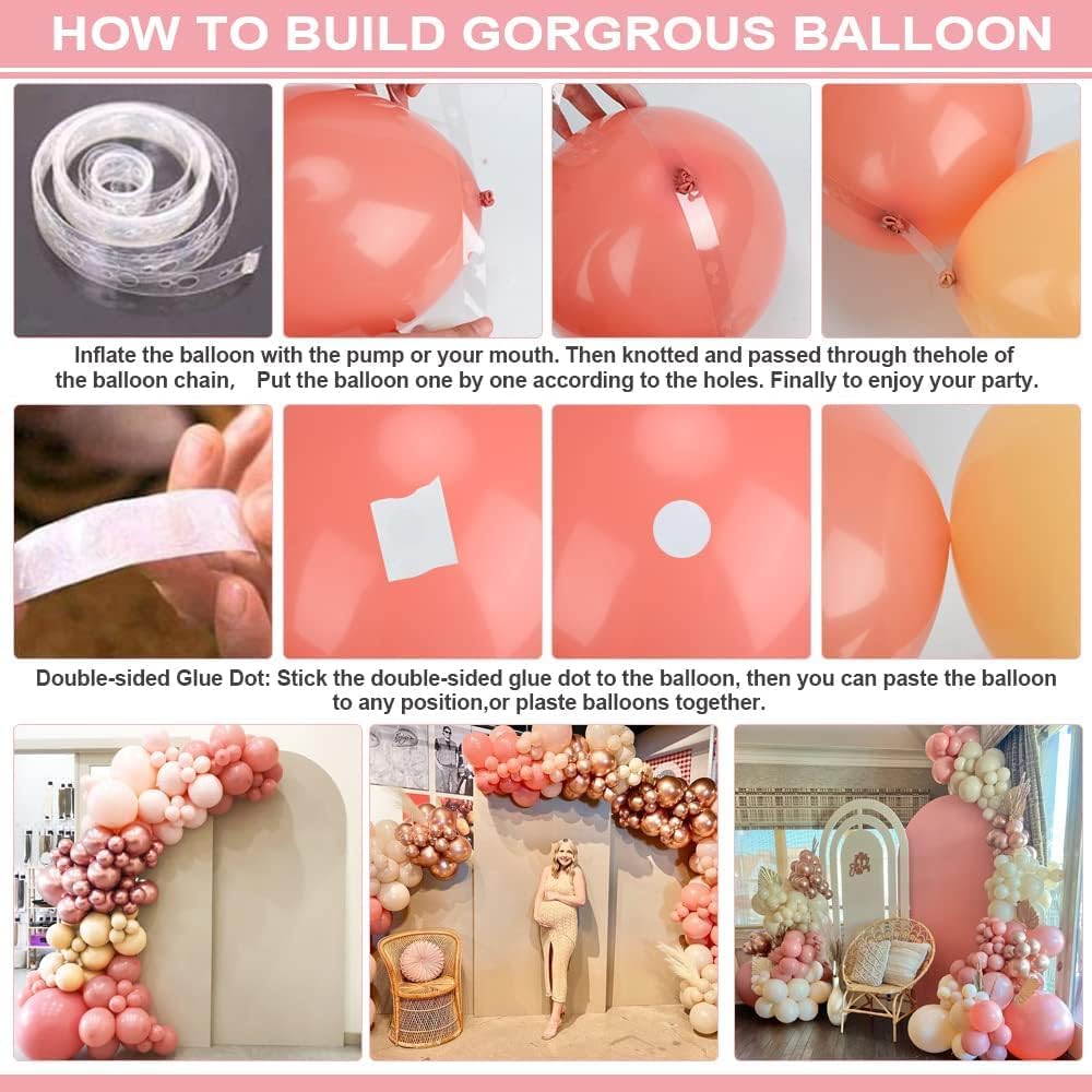 Pink Balloon Arch Kit, 120pcs Macaron Pink Balloon Garland Arch Kit, Orange Apricot and Metallic Rose Gold Balloon for Girls Boho Balloon Arch for Baby Bridal Shower, Birthday Party and Princess Theme