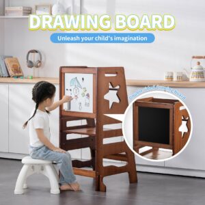 UNICOO Bamboo Height Adjustable Kids Kitchen Step Stool, Kids Learning Stool, Toddlers Stool, Toddler Standing Tower, Safe Step Stool for 1-5 Years Old Kids - Perfect Kitchen Helpe(S033-Antique Brown)