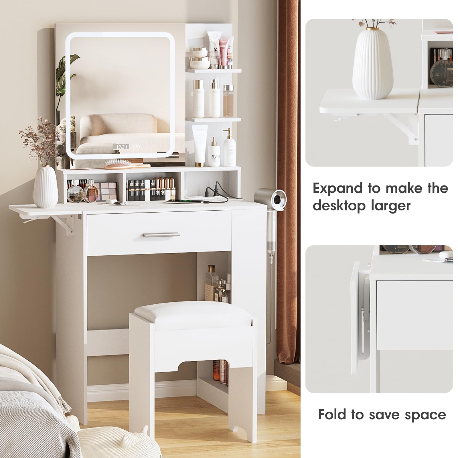 Fameill Vanity Desk with Mirror and Lights, Small Makeup Vanity with Drawer & Lots Storage Shelves, White Vanity Table with Charging Station & Time Display, Vanity Set with Chair, for Bedroom