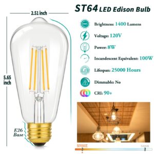 4-Pack Vintage 8W ST64 LED Edison Light Bulbs 100W Equivalent, 1400LM E26 Light Bulbs, 2700K Warm White, Antique Filament LED Bulbs, CRI 90+, Clear Glass, Great Bulbs for Home, Bedroom, Non-Dimmable