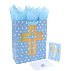 13" large blue gift bag set with greeting card and tissue papers (foil cross design), tissue paper for first communions, halloween, christmas, baby boy baptisms, christenings, religious