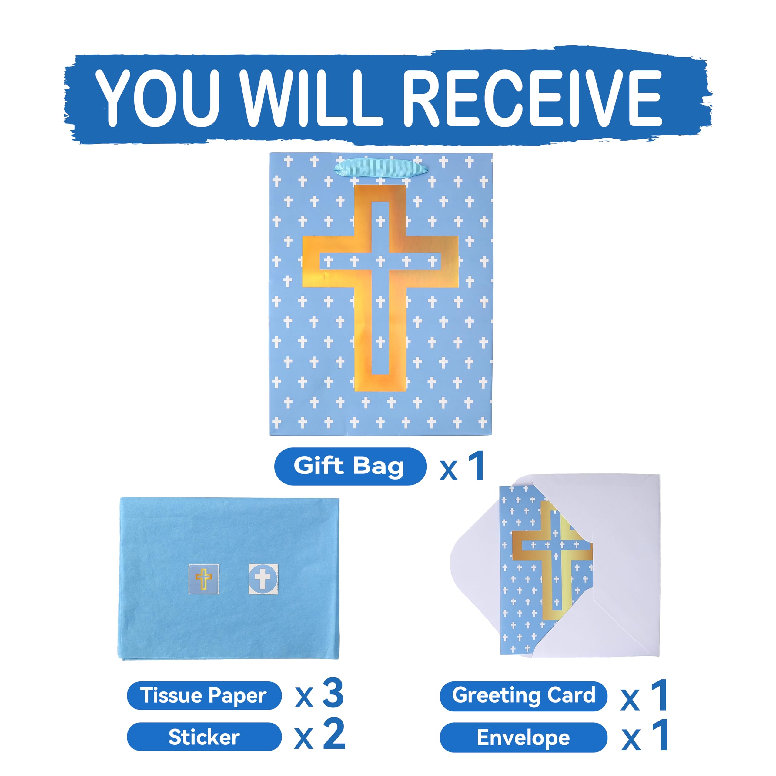 13" Large Blue Gift Bag Set with Greeting Card and Tissue Papers (Foil Cross Design), Tissue Paper for First Communions, Halloween, Christmas, Baby Boy Baptisms, Christenings, Religious