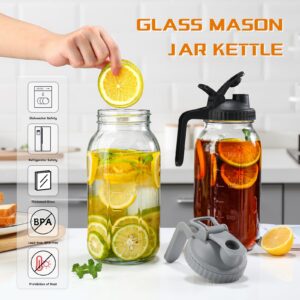 64 oz Glass Pitcher with Lid 2 Pack,2 Quart Mason Jar Pitcher with Lid and Spout - Half Gallon Mason Jar Pitcher Wide Mouth for Iced Tea/Sun Tea/Coffee/Juice, Glass Jars with Lids (Black & Gray)